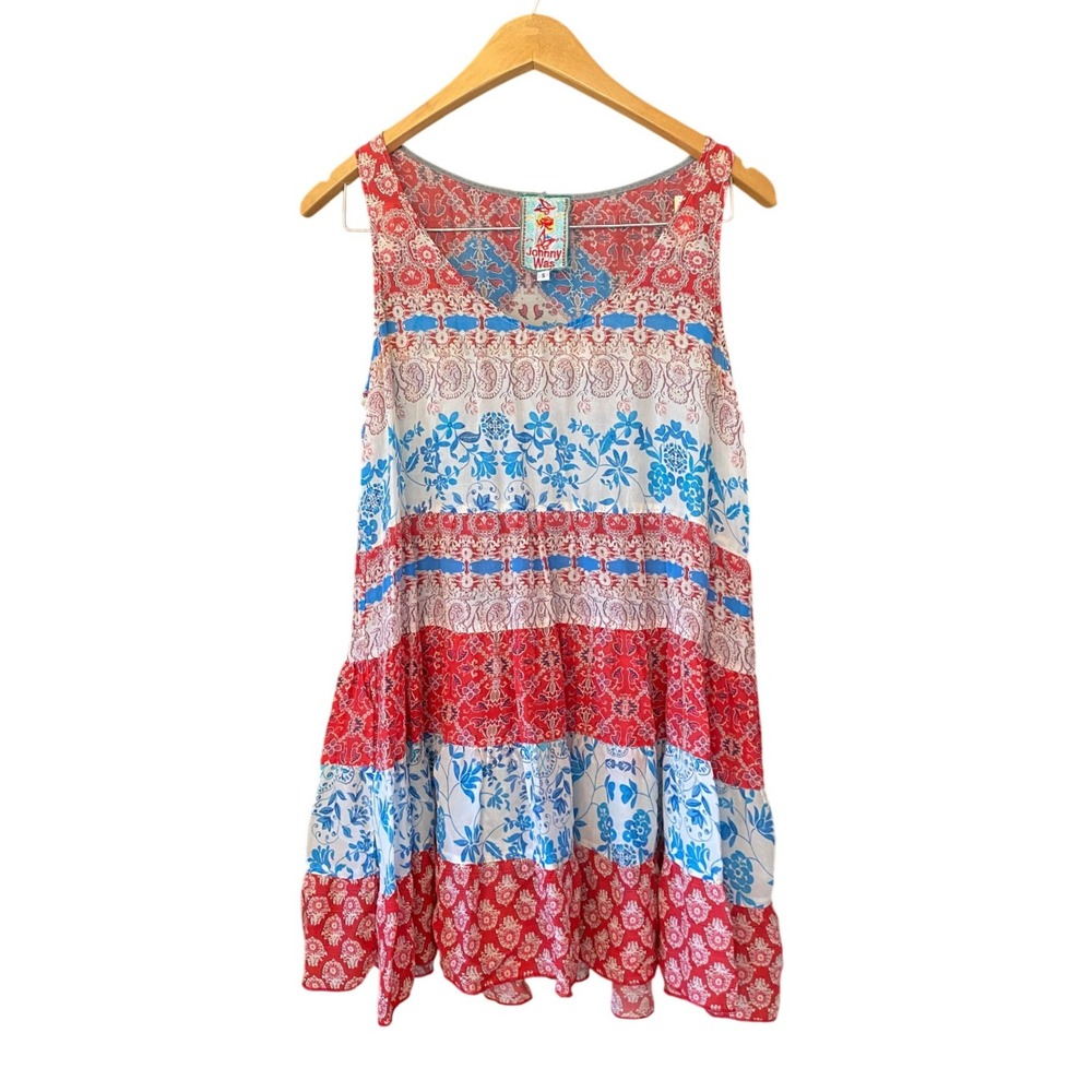 Johnny Was Archi Tier Top Floral Paisley Small Red Blue Boho Summer Resort Fest